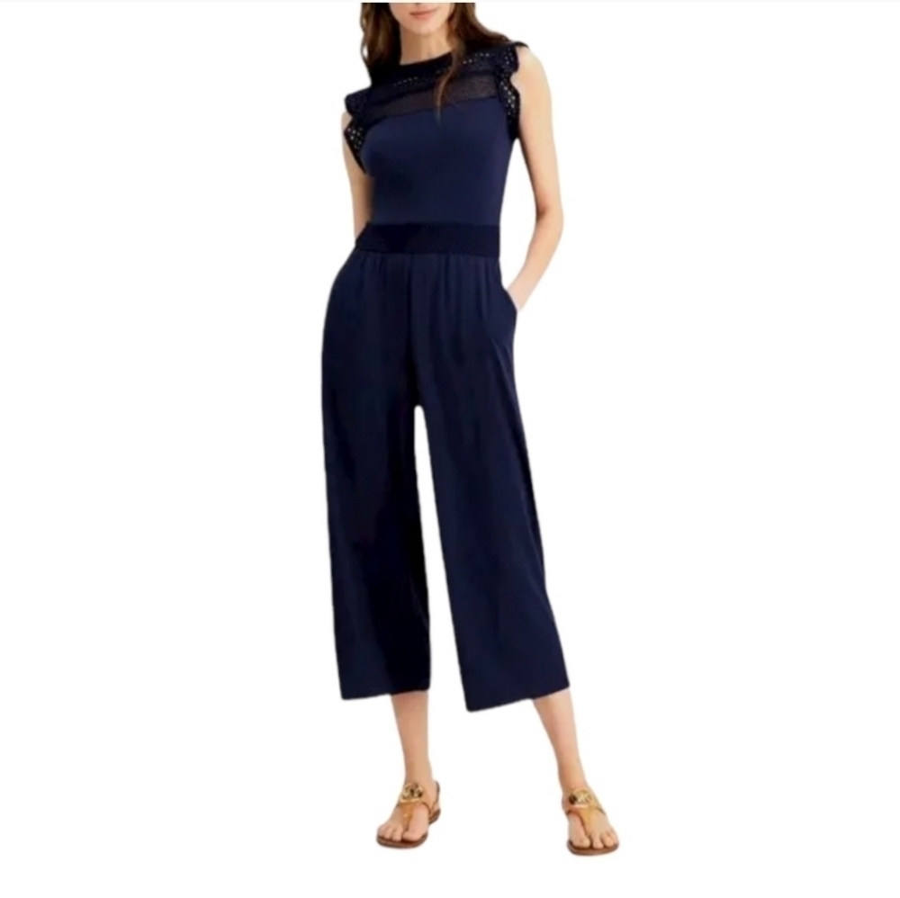NWOT Michael Kors Navy Blue Lattice Cropped Jumpsuit Wide Leg Medium